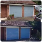 before and after photo repainted blue garage doors